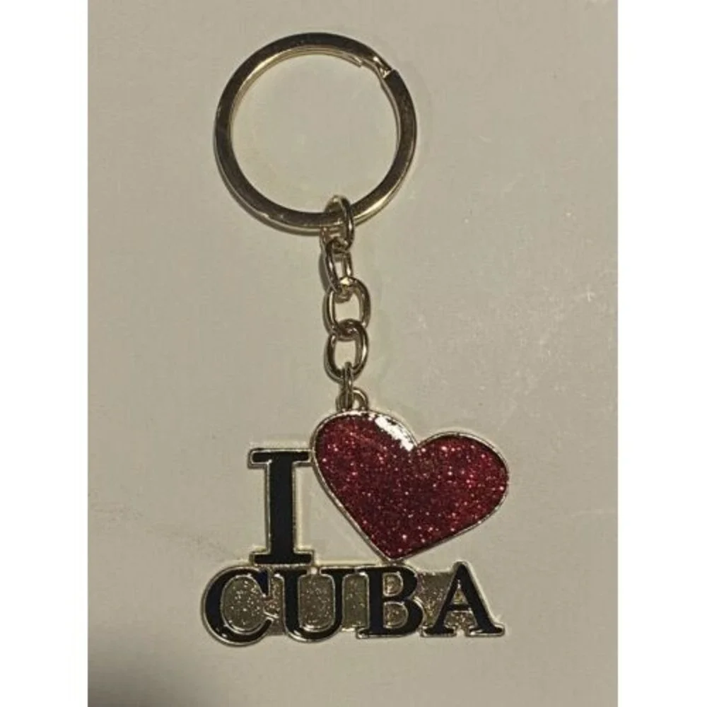 I Love Cuba Keychain with Red Glitter Heart Gold Tone Metal Souvenir Accessory